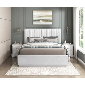 MAZ Mulvane Collection bed in light grey with a padded headboard, modern design, and wooden legs, shown in a bedroom setting.