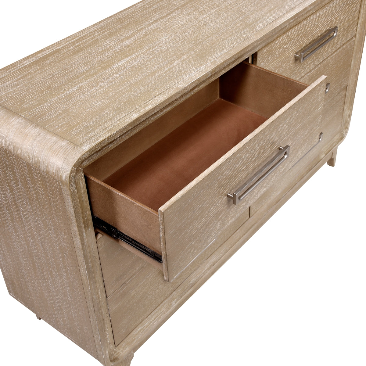 Close-up of the MAZ Wilshire Collection dresser and mirror, showcasing detailed wood finish and elegant design.