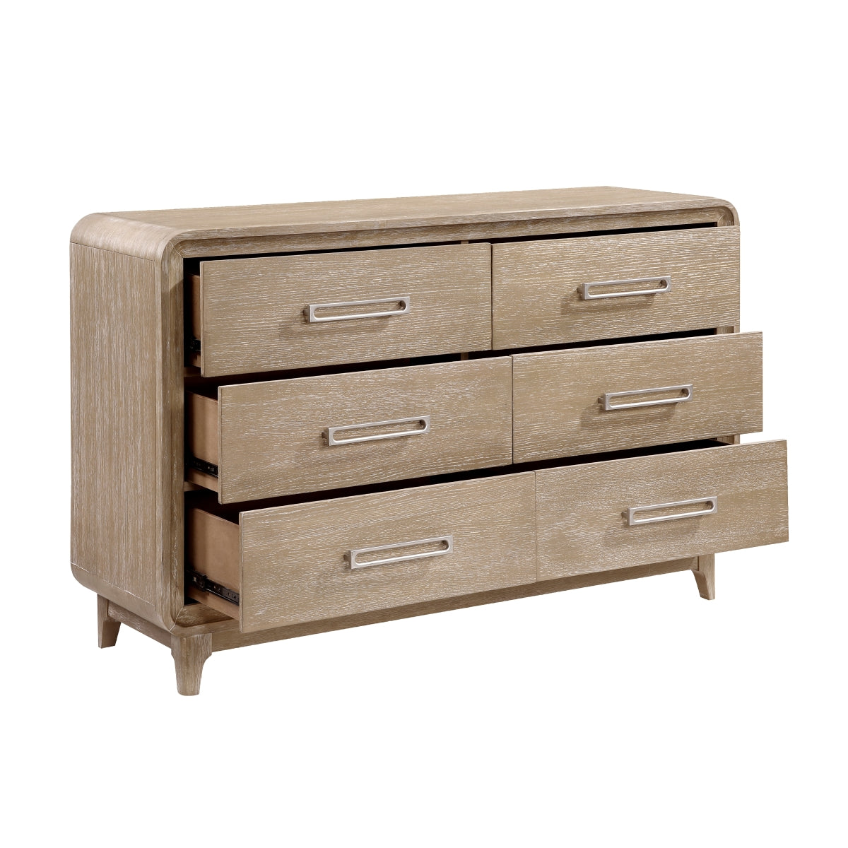 Open view of MAZ Wilshire Collection dresser with mirror, showcasing wood finish and spacious drawers.