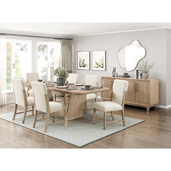 MAZ Wilshire Oak Dining Table with seven matching chairs, showcasing a sleek wooden design for modern dining rooms.