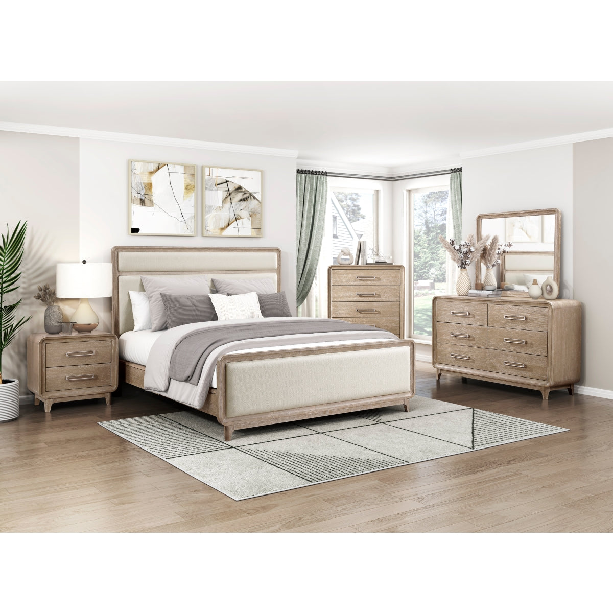 MAZ Wilshire Collection dresser and mirror set with sleek wood finish and modern design, featuring multiple drawers and a large matching mirror.