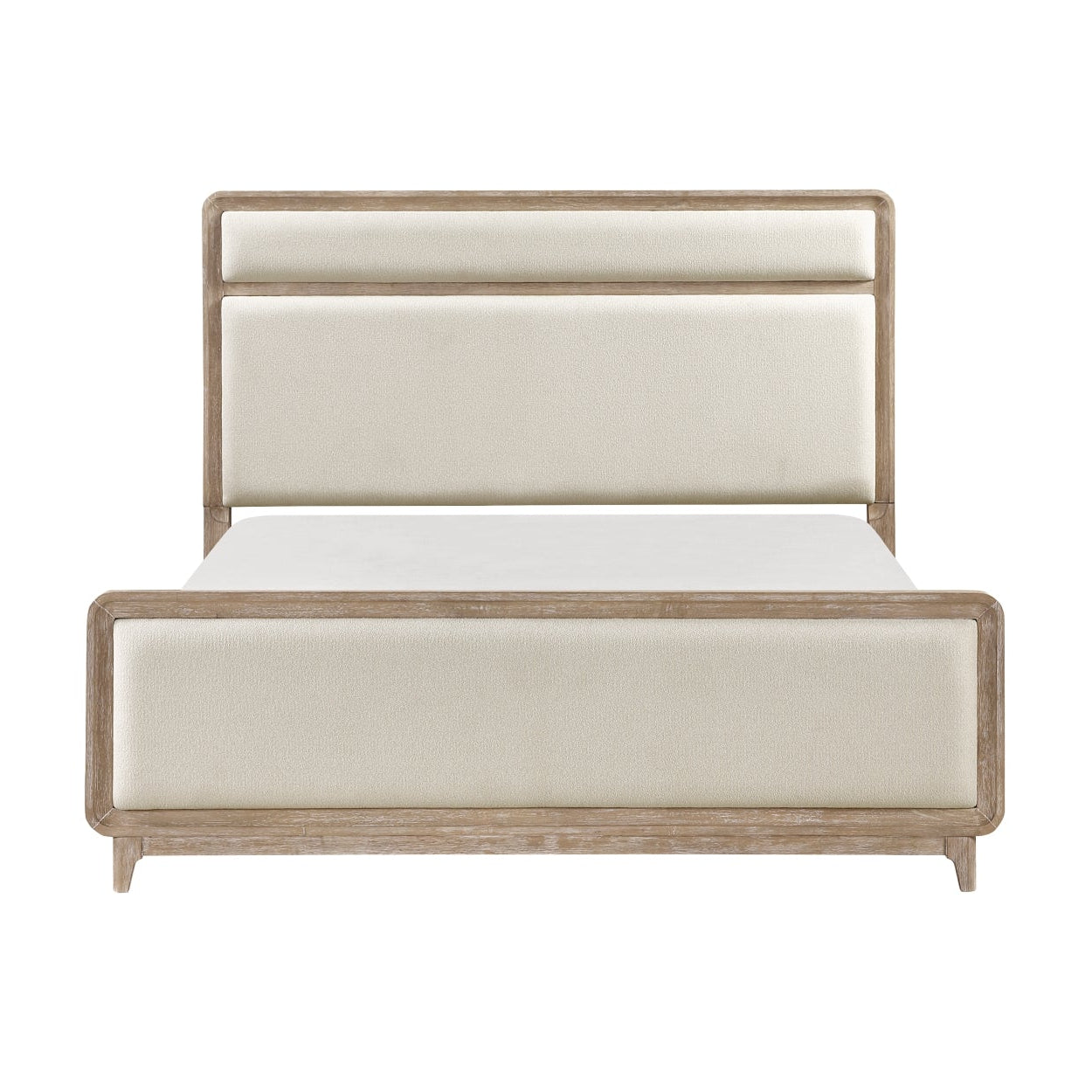 Maz Wishire Collection beige bed, modern wooden frame with upholstered headboard, shown from front view.