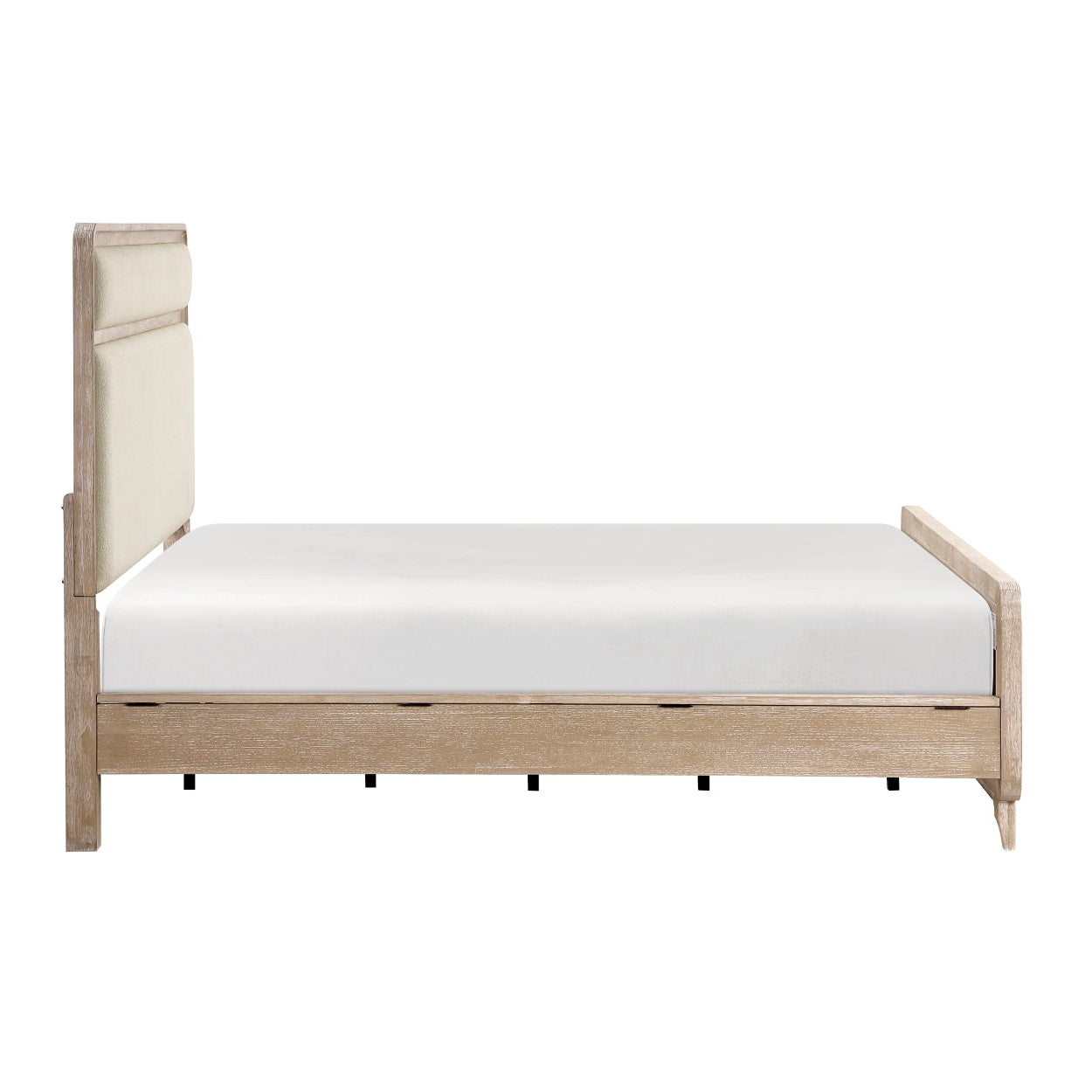 MAZ Wishire Collection beige bed with side view, showcasing a modern design and upholstered headboard for bedroom decor.