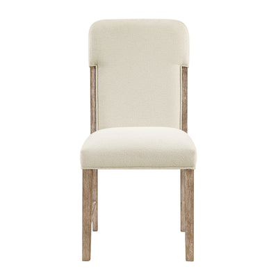 Pair of MAZ Wilshire Collection cream dining chairs with upholstered seats and wooden legs, front view in a set of two.
