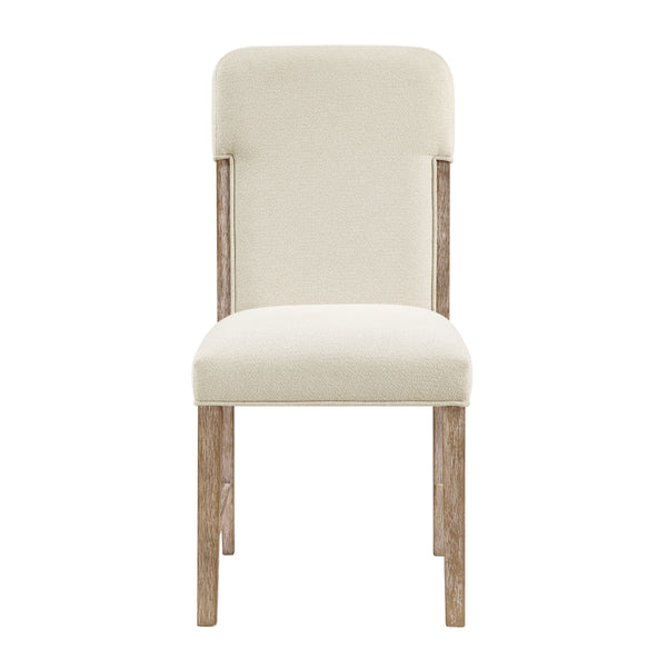 Pair of MAZ Wilshire Collection cream dining chairs with upholstered seats and wooden legs, front view in a set of two.