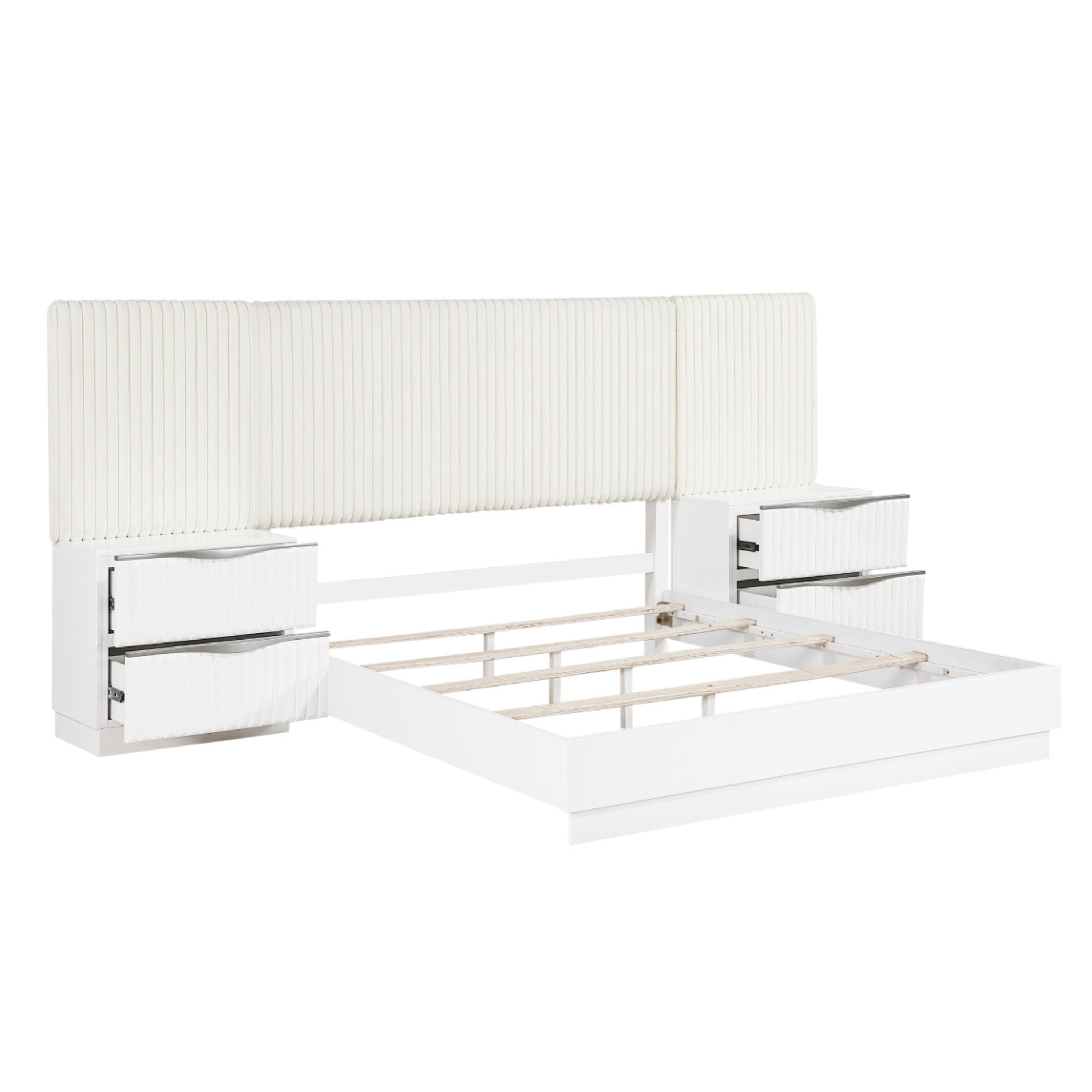 MAZ Linea Collection bedroom set with wall panel, featuring a modern bed frame, matching nightstands, and wall decor in a stylish bedroom.