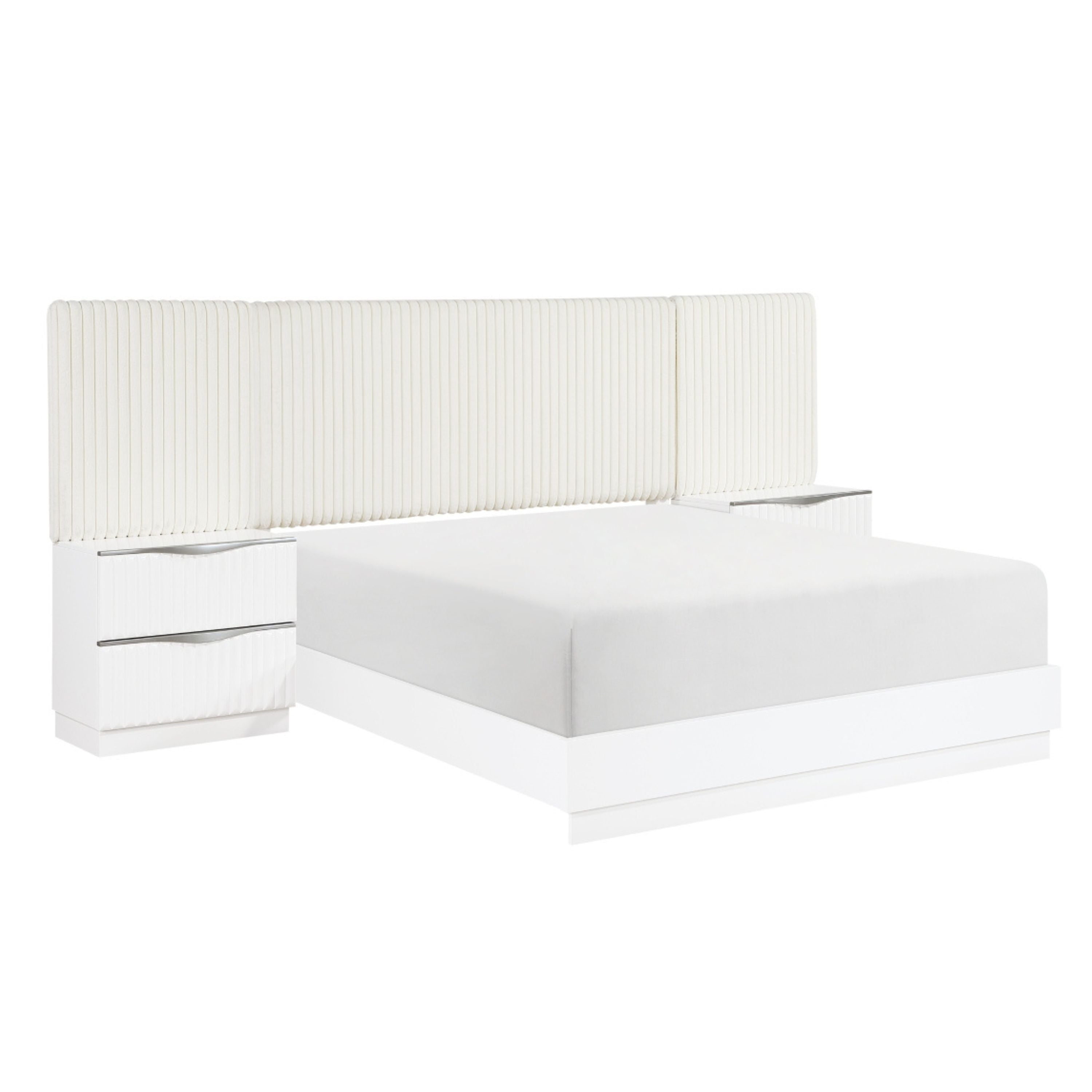 MAZ Linea Collection bedroom set with wall panel, featuring a modern bed frame, matching nightstands, and stylish bedroom decor.