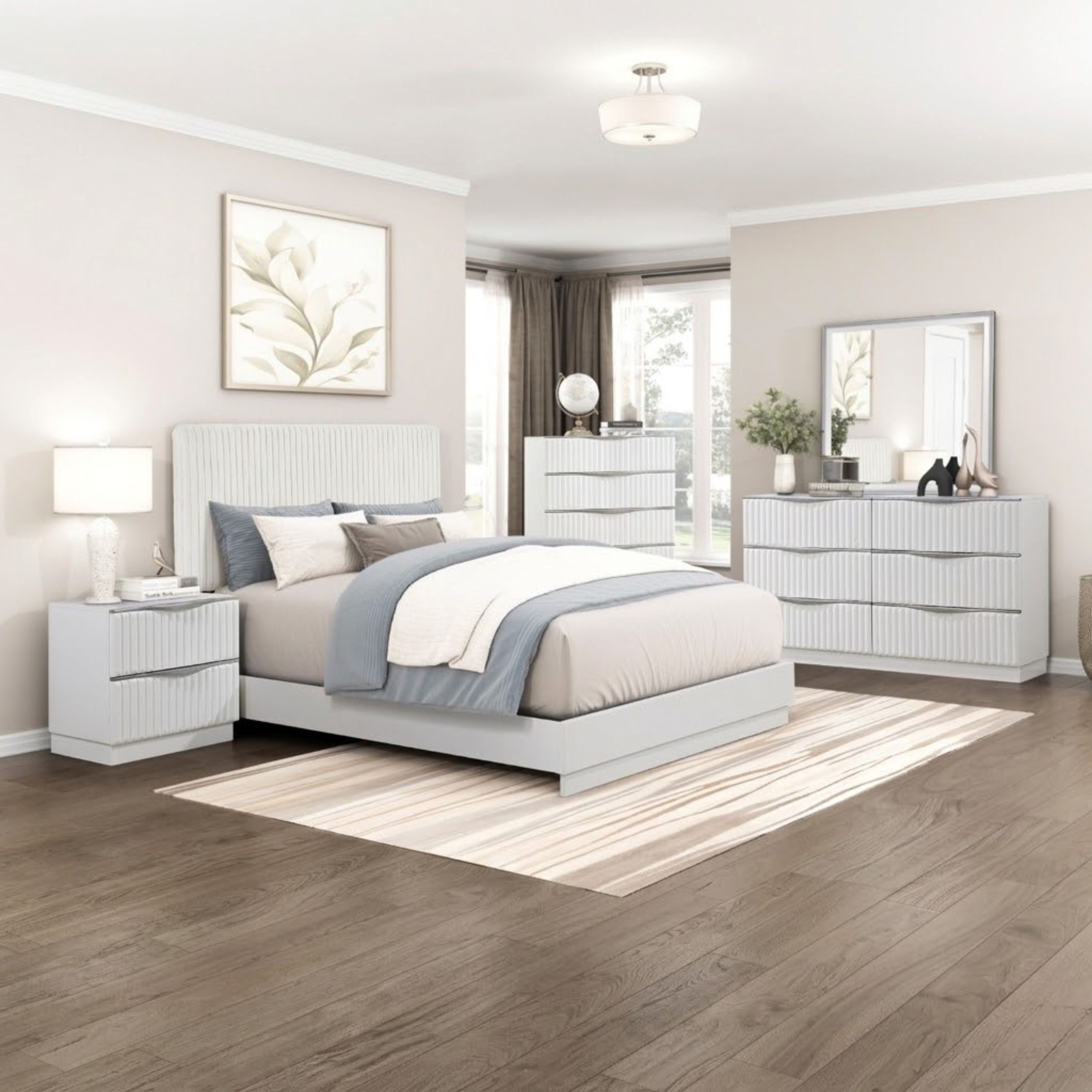 M.A.F Linea Collection bedroom set featuring a modern bed frame, matching nightstands, and a sleek, stylish design in a bedroom scene.