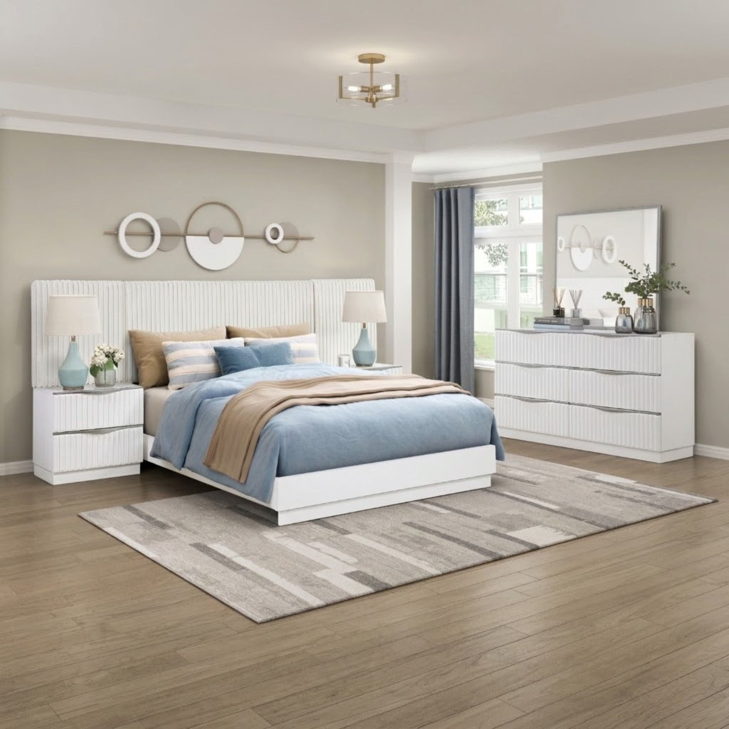 MAZ Linea Collection bedroom set with wall panel, includes bed frame and matching bedroom furniture in a modern design.