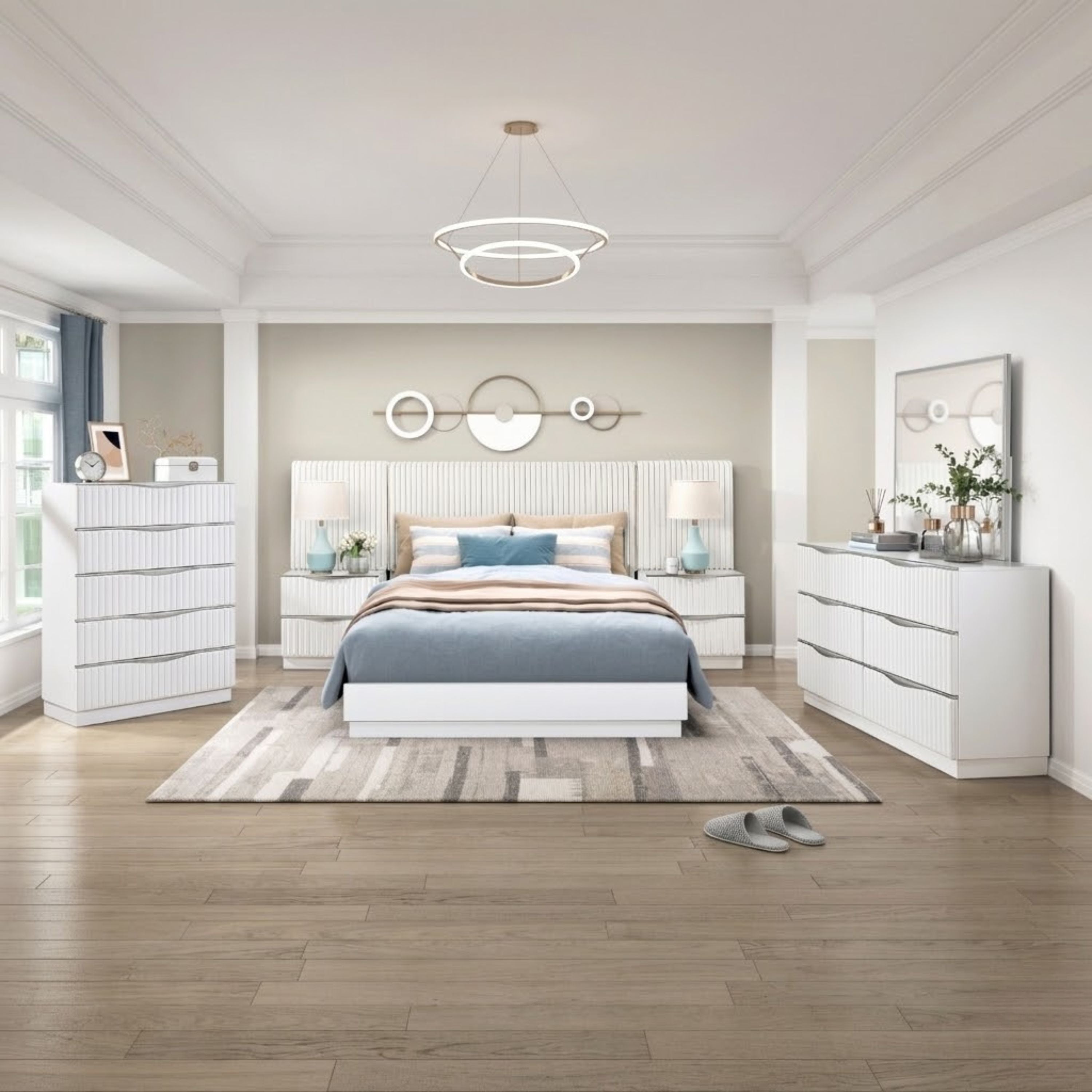M.A.F Linea Collection bedroom set with wall panel, featuring a modern bed frame and matching bedroom furniture in a stylish design.