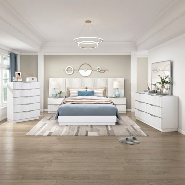 MAZ Linea Collection bedroom set with wall panel, featuring a modern bed frame and matching bedroom furniture in a contemporary style.