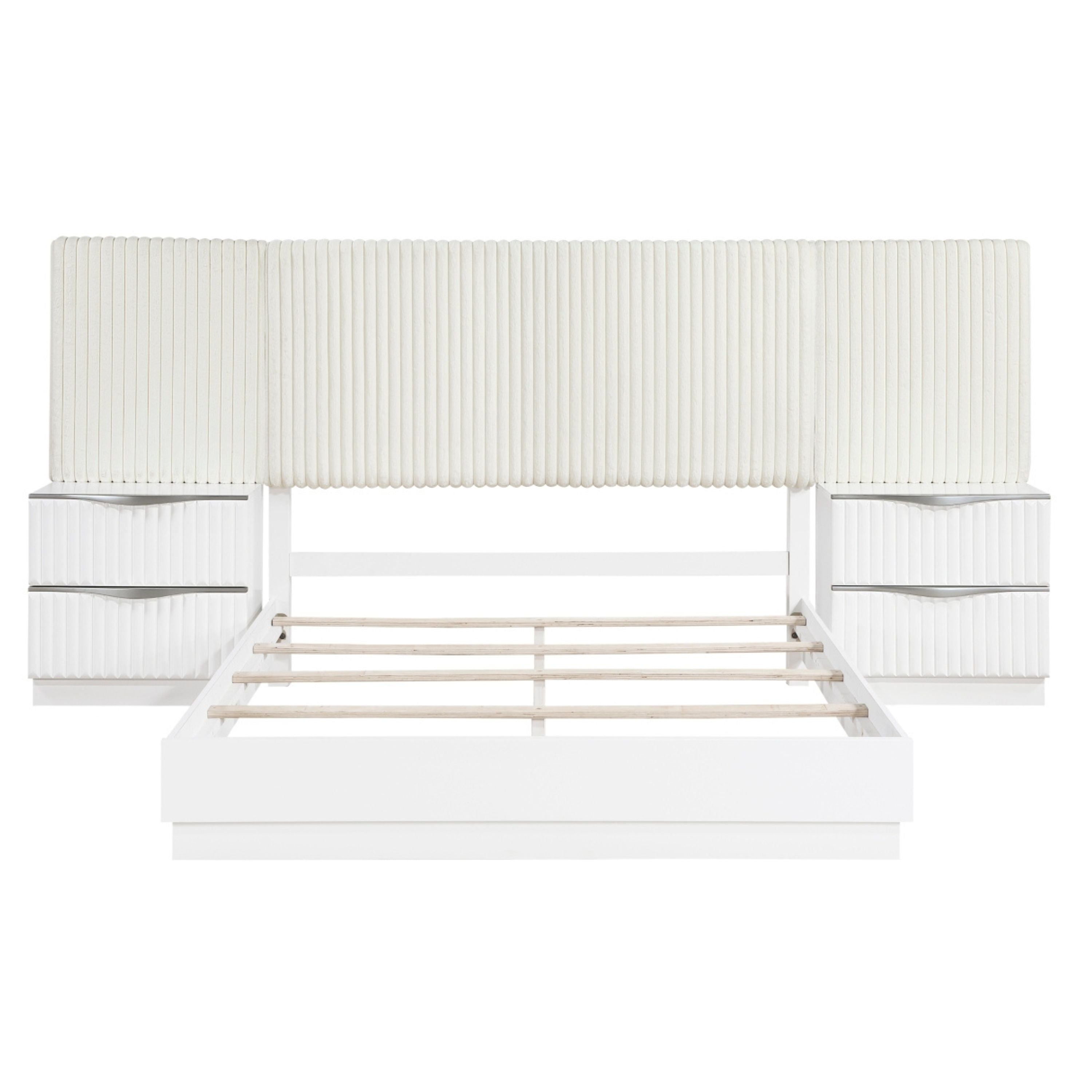 MAZ Linea Collection bedroom set with wall panel, featuring a modern bed frame, matching nightstands, and decorative wall panel.