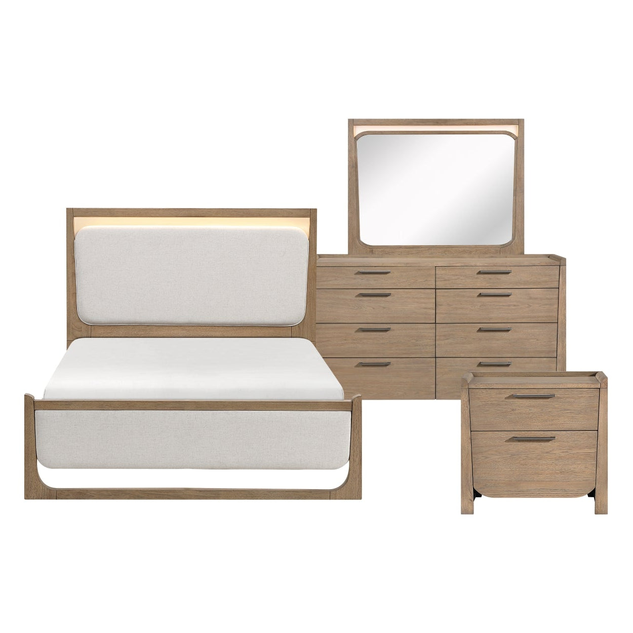 MAZ Riley Collection bedroom set with matching bed, nightstands, and dresser in a modern bedroom layout.