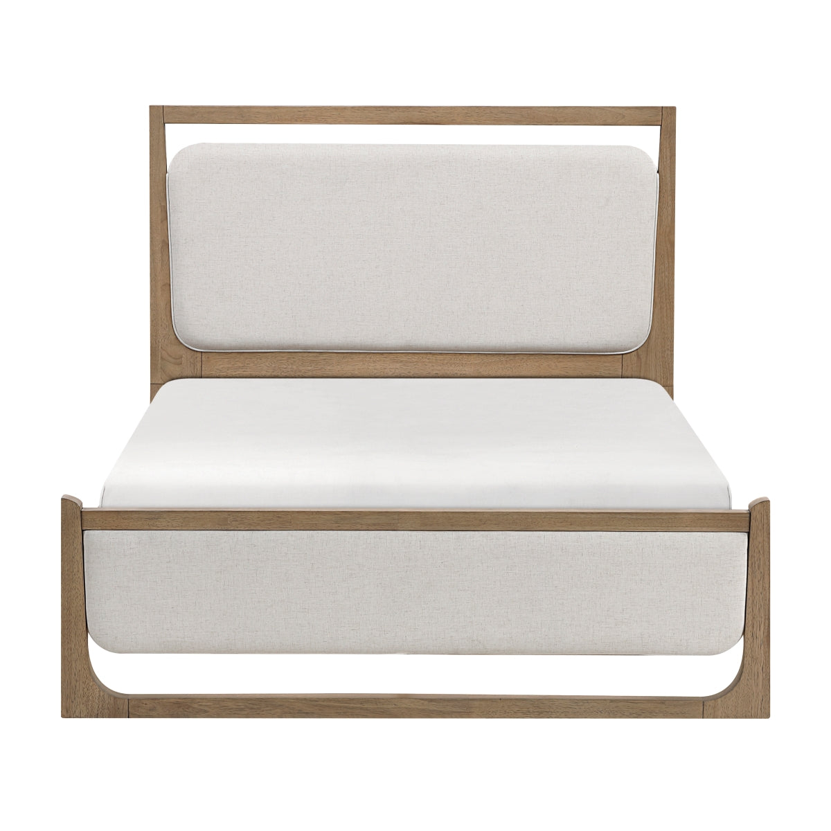 MAZ Riley Collection Bed with sleek wooden frame, shown from the front with a modern design and neutral-toned bedding.