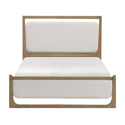 MAZ Riley Collection Bed with sleek wooden frame, shown from the front with a modern design and neutral-toned bedding.