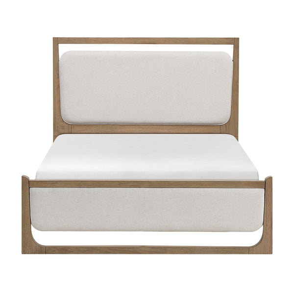 MAZ Riley Collection Bed with sleek wooden frame, shown from the front with a modern design and neutral-toned bedding.