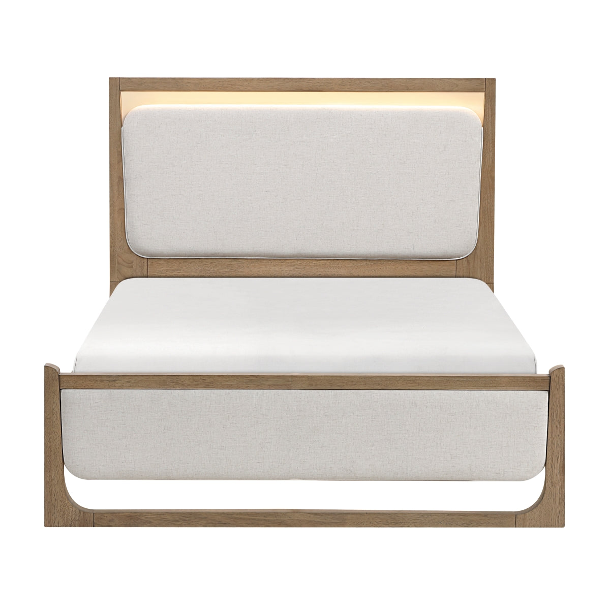 MAZ Riley Collection bed with a modern wooden frame, shown from the front in a contemporary bedroom setting.
