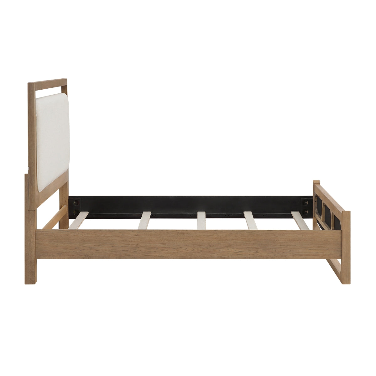 MAZ Riley Collection bed in a stylish design, showcasing a side view with a sleek frame and neutral upholstery.