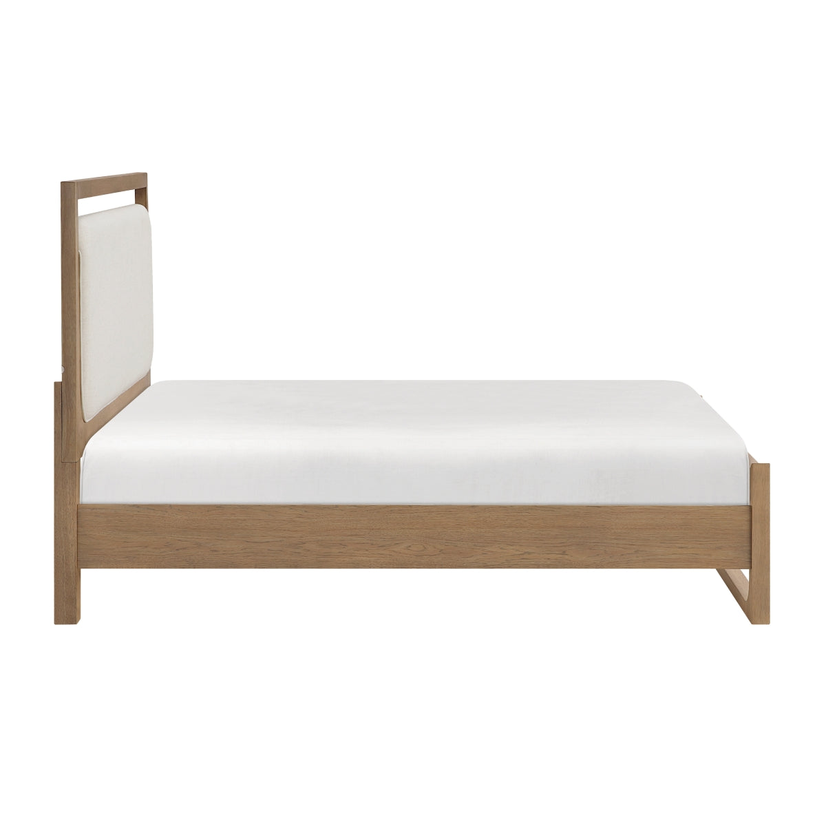 MAZ Riley Collection Bed in neutral fabric, showcasing side view with clean lines and modern design for stylish bedroom decor.