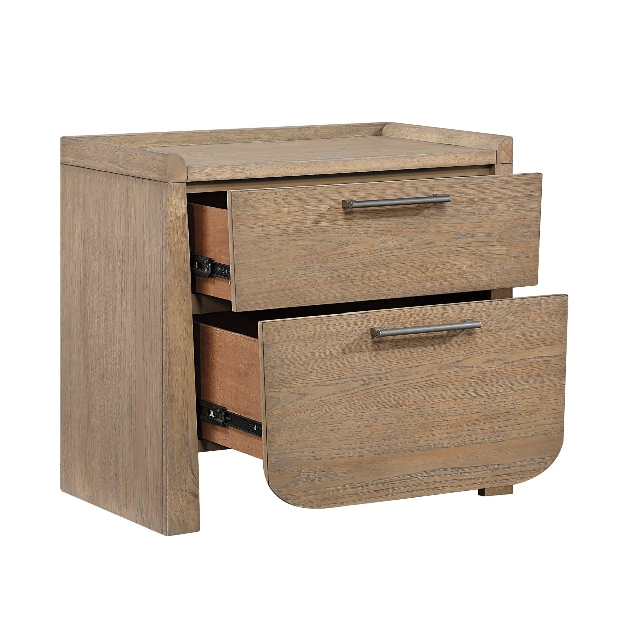 Open MAZ Riley Collection nightstand with a sleek wooden finish and minimalist drawer design.