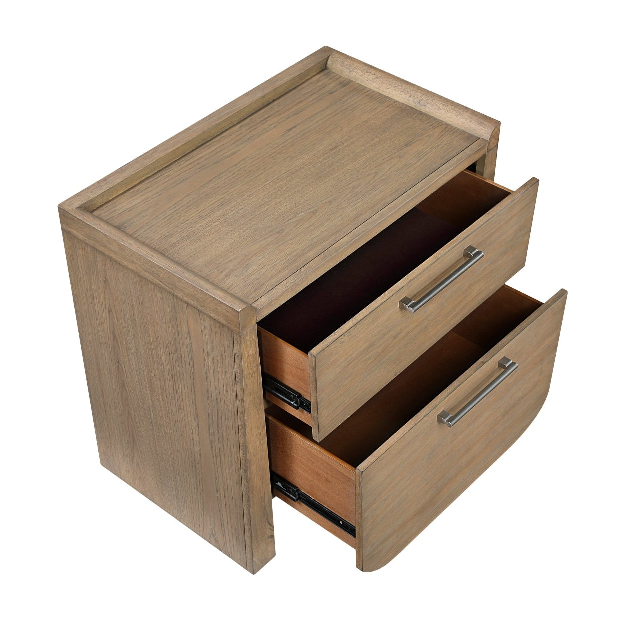Open view of MAZ Riley Collection nightstand showing drawer and tabletop with a wood finish against a plain background.
