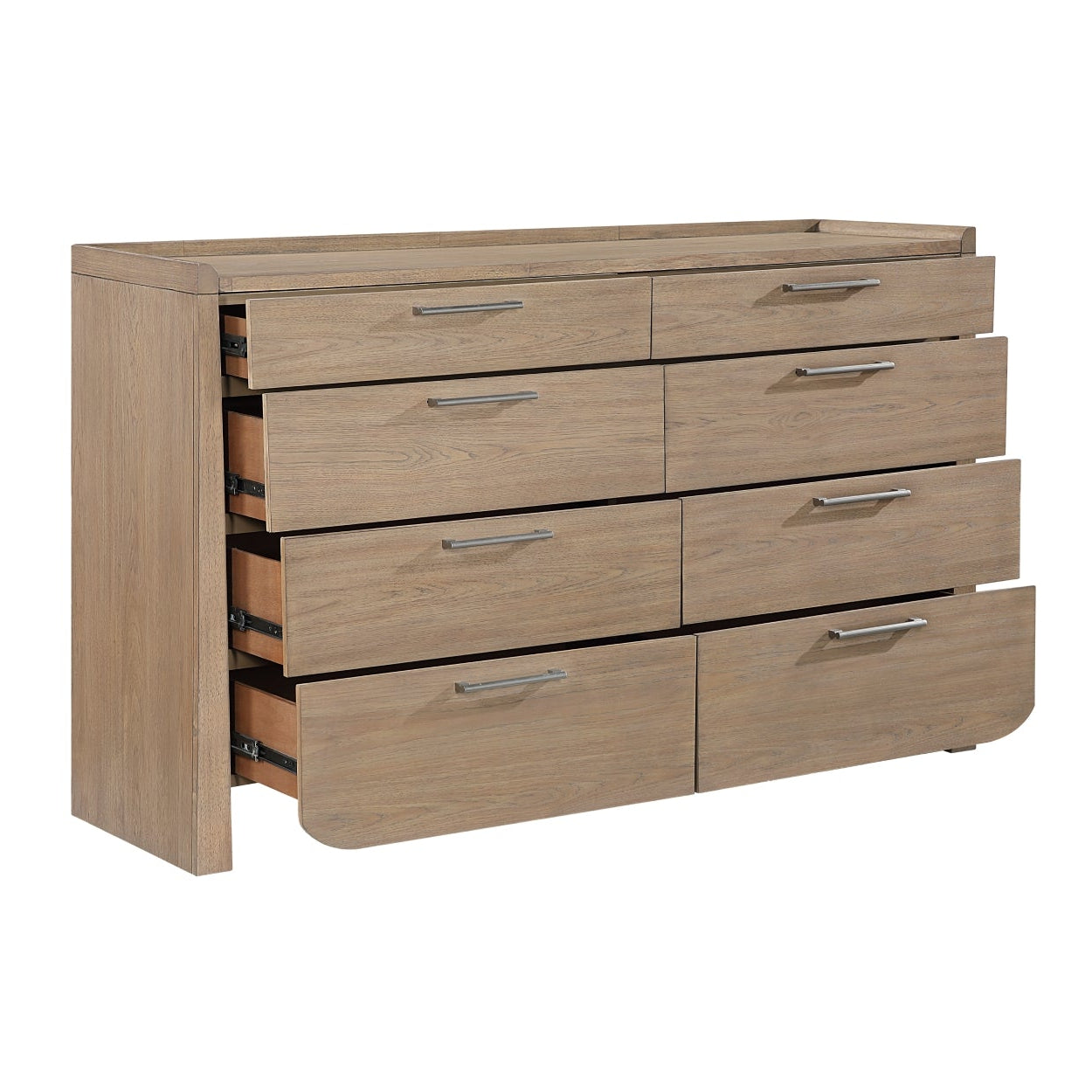 Open view of MAZ Riley Collection dresser showing multiple drawers and sleek wooden finish.