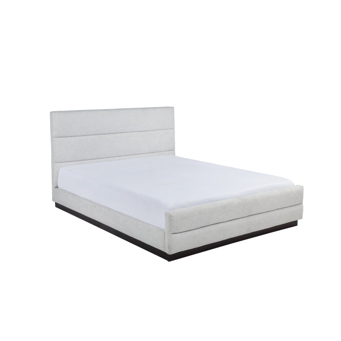 MAZ Calais Collection upholstered platform bed in light grey fabric, shown from an angled view on a plain background.