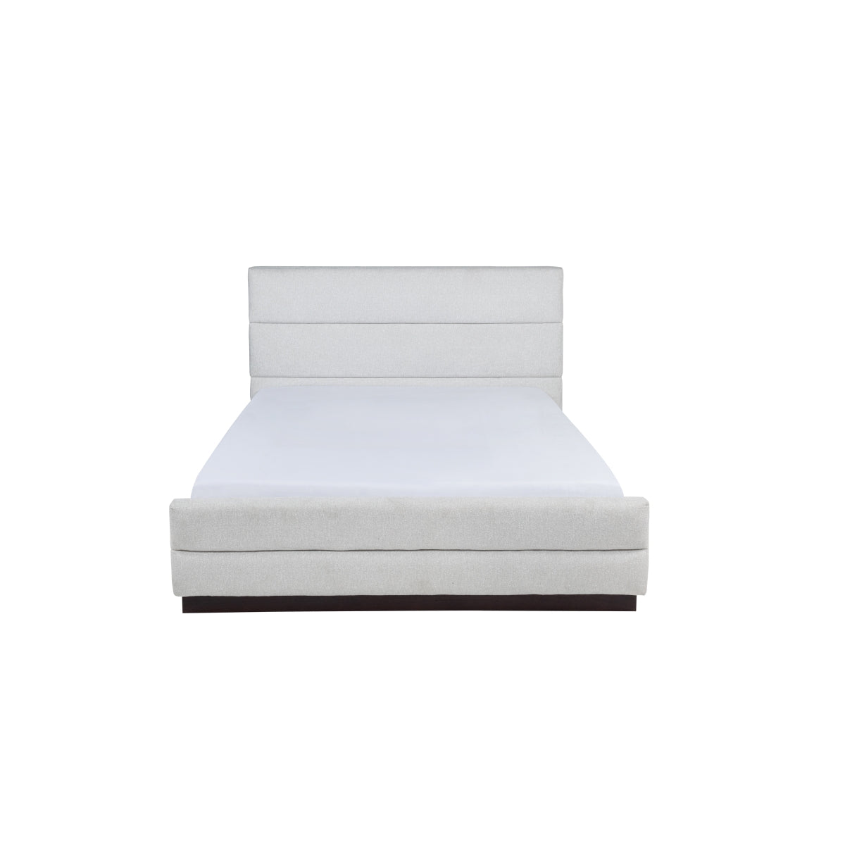 MAZ Calais Collection light grey upholstered platform bed with clean lines and a modern design, shown from the front.