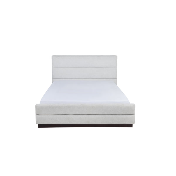 MAZ Calais Collection light grey upholstered platform bed with clean lines and a modern design, shown from the front.