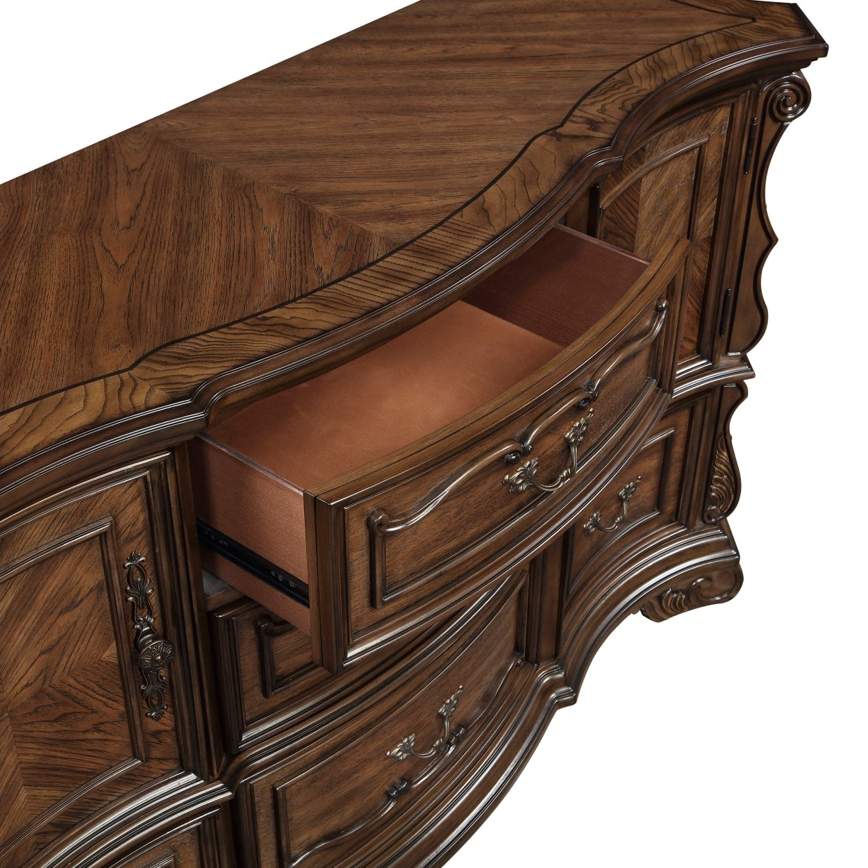 Close-up of the MAZ Gilmartin Bedroom Set showing detailed wood finish and elegant design elements.