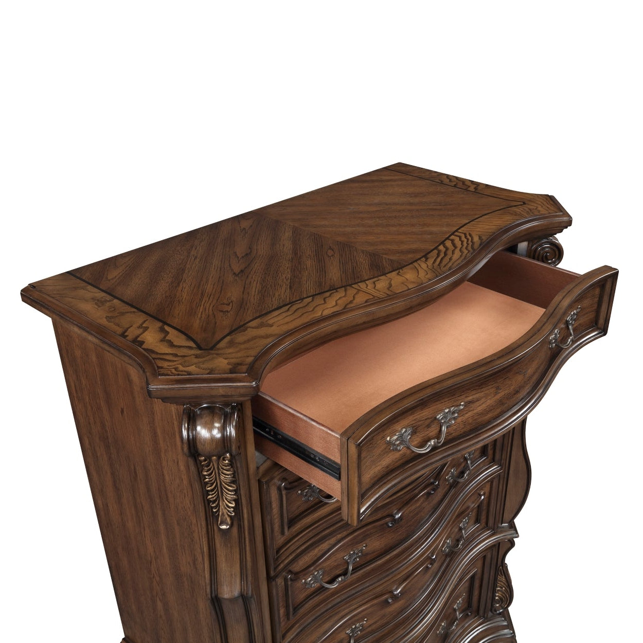 Close-up of the MAZ Gilmartin Chest Drawer showing detailed wood finish and metal handles on a modern bedroom storage chest.