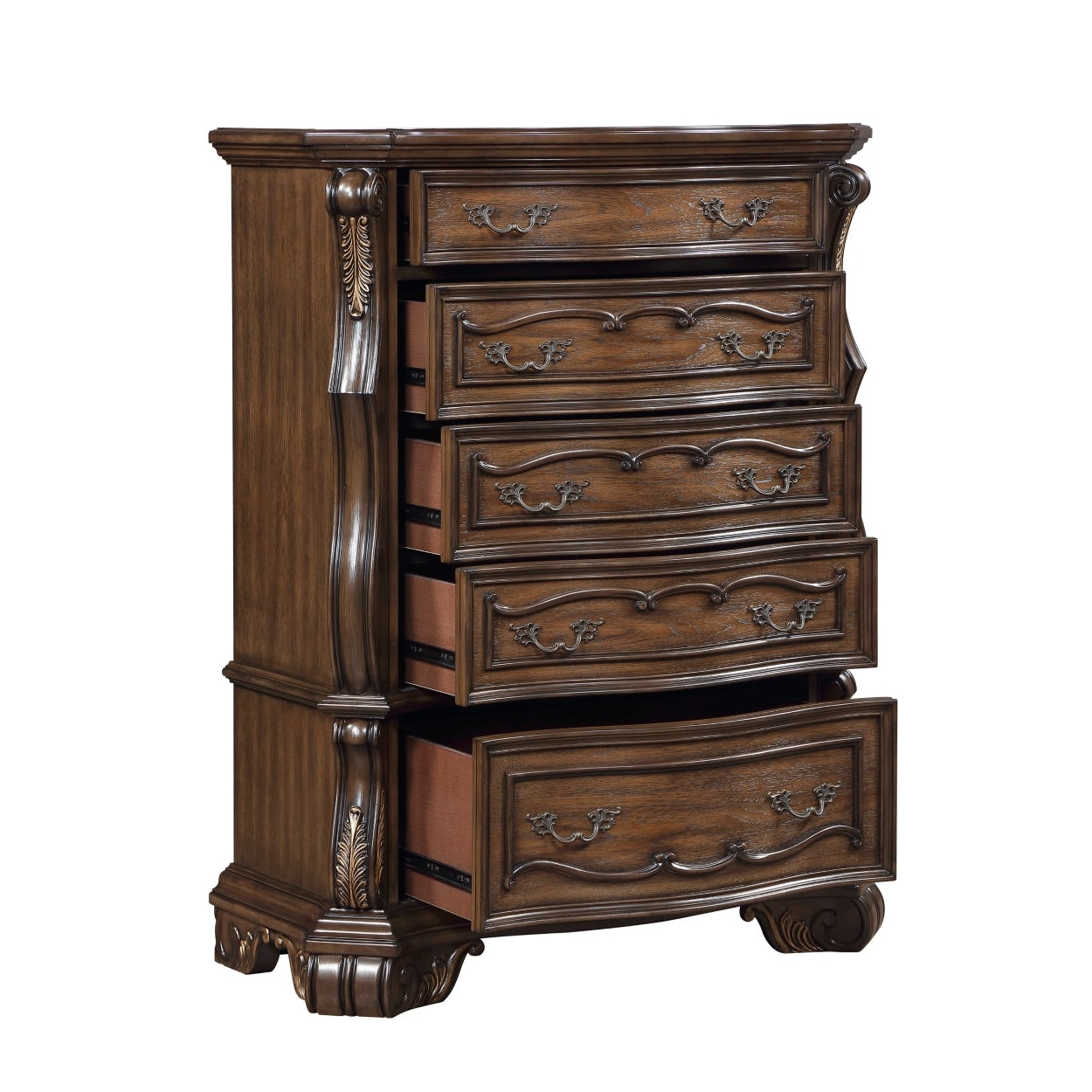 Open MAZ Gilmartin Chest Drawer showing four spacious wooden drawers with metal handles on a plain background.