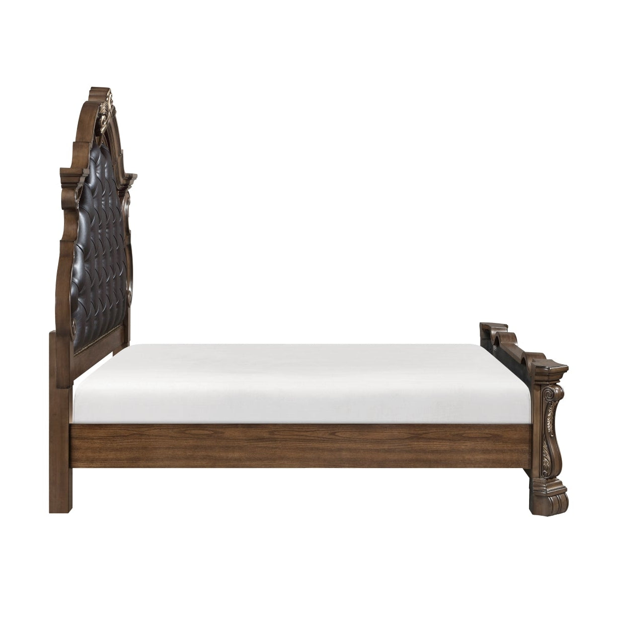 MAZ Gilmartin Bed with beige fabric upholstery and wooden legs, shown from a side angle in a modern bedroom setting.
