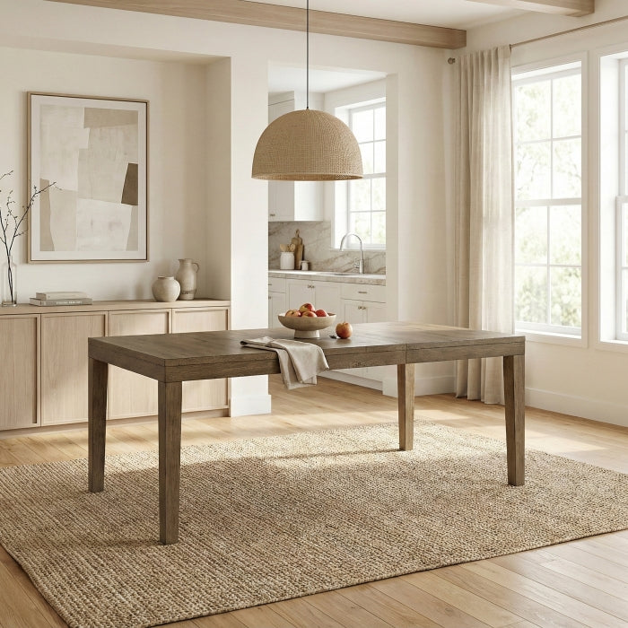 MAZ Matisse rectangular extension dining table with wood finish, shown from side view in a dining room setting.