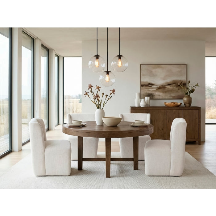 MAZ Matisse round dining table with wooden finish, perfect for kitchen and dining room, shown with five matching chairs.