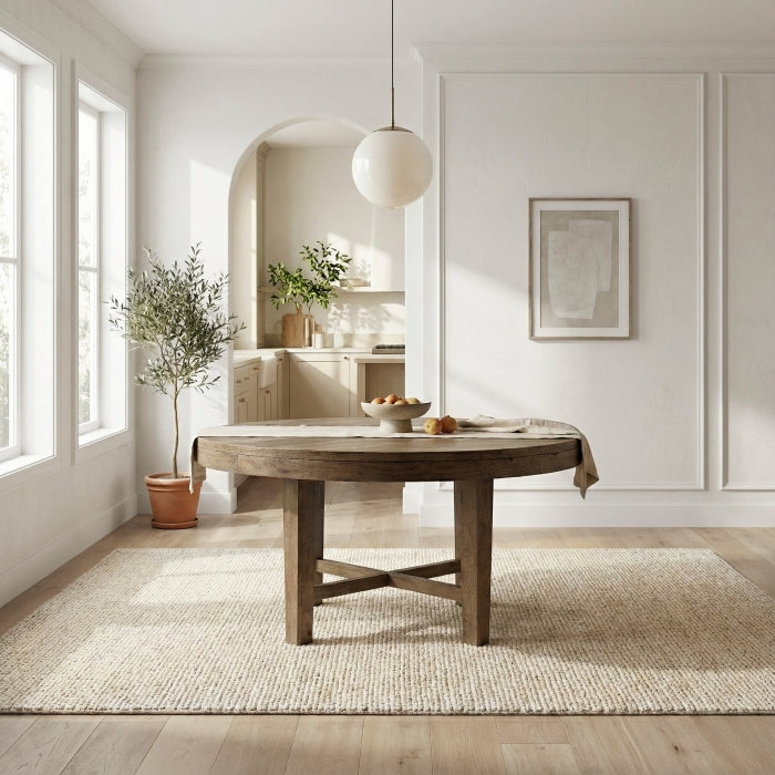 Side view of MAZ Matisse round dining table with wooden top and sturdy legs, ideal for kitchen and dining rooms.