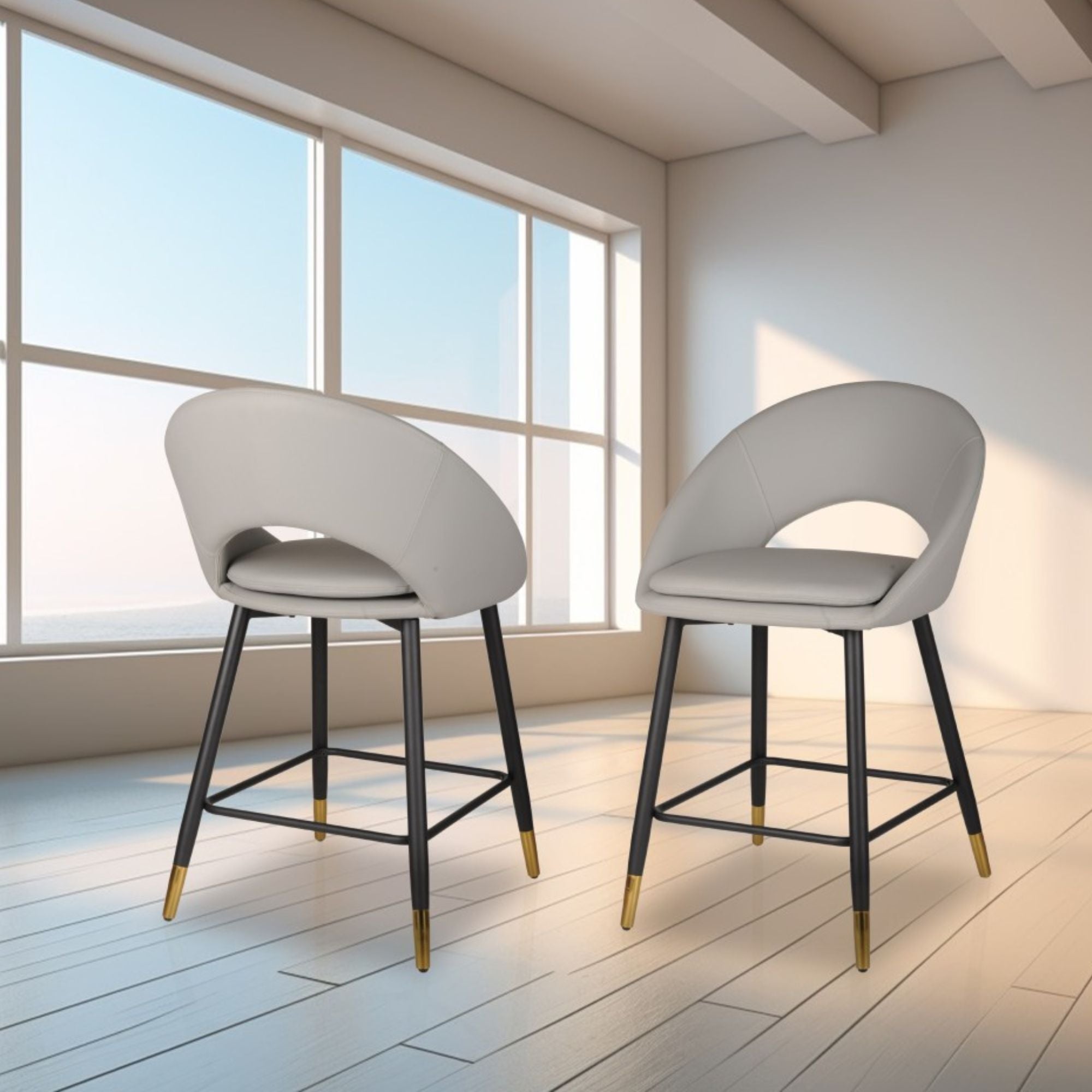 Pair of grey Brassex counter bar stools with sleek design and wooden legs, ideal for kitchen or bar area.