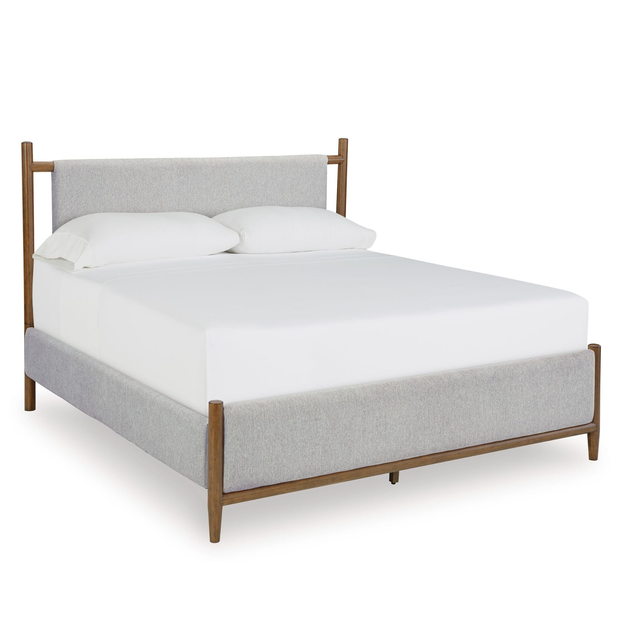 Signature Ashley Lyncott upholstered panel bed with padded headboard and neutral fabric, showcasing a modern bedroom centerpiece.
