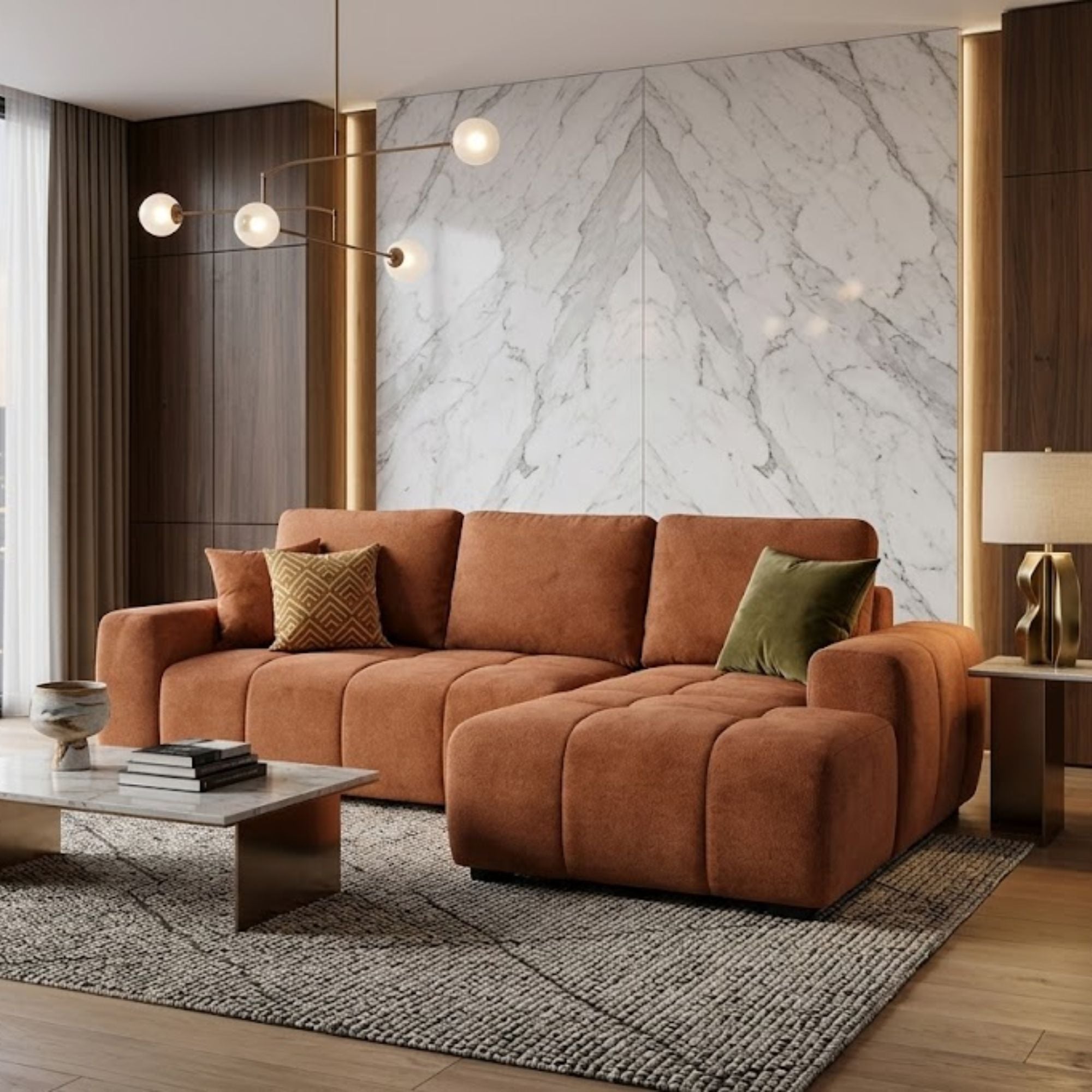 Brassex CloudNine RHF sectional sleeper sofa in burnt orange fabric, showcasing its modern design and convertible sleeping feature.