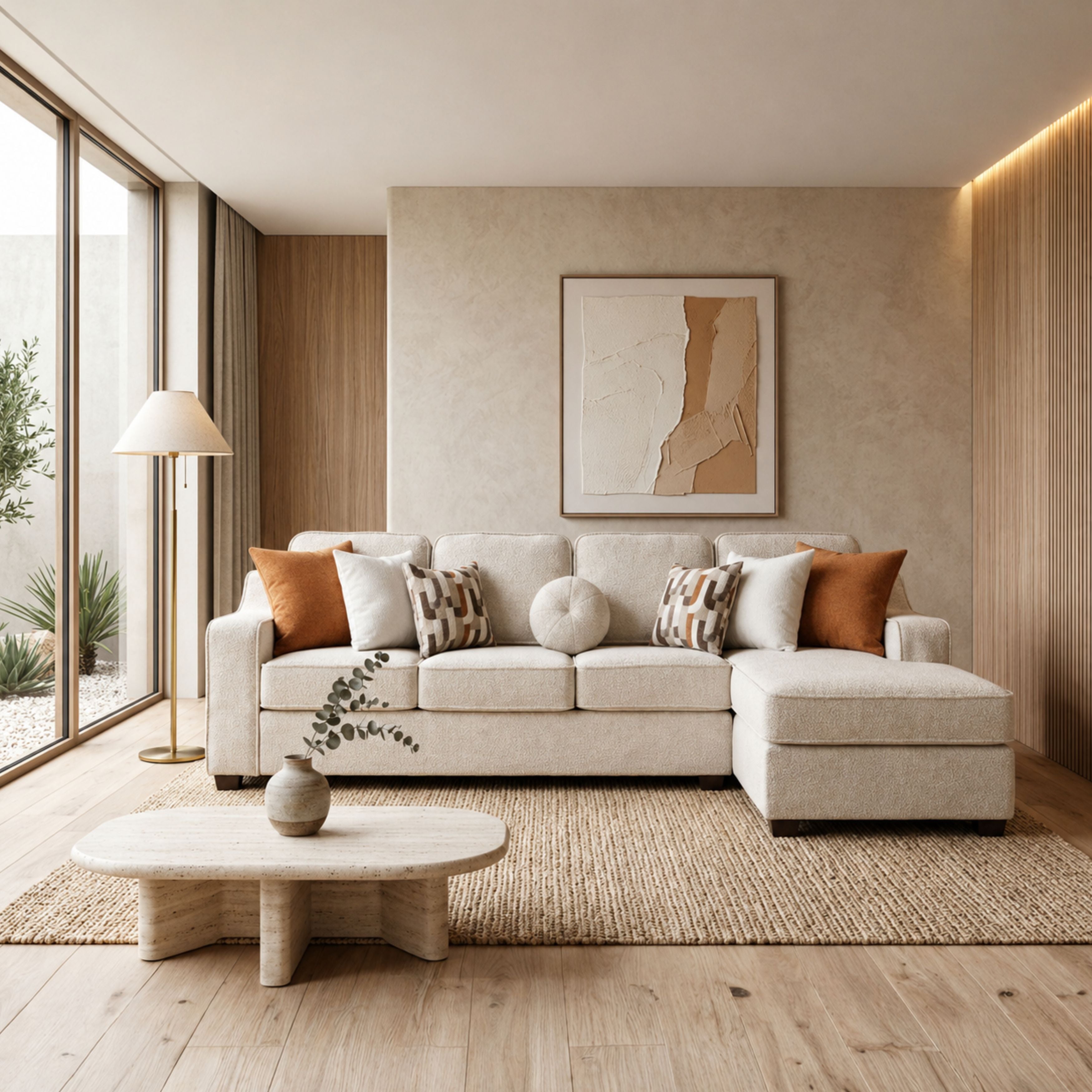 Beige Canadian-made 2-piece A.C. sectional sofa with performance fabric, featuring plush cushions and modern design for living room comfort.