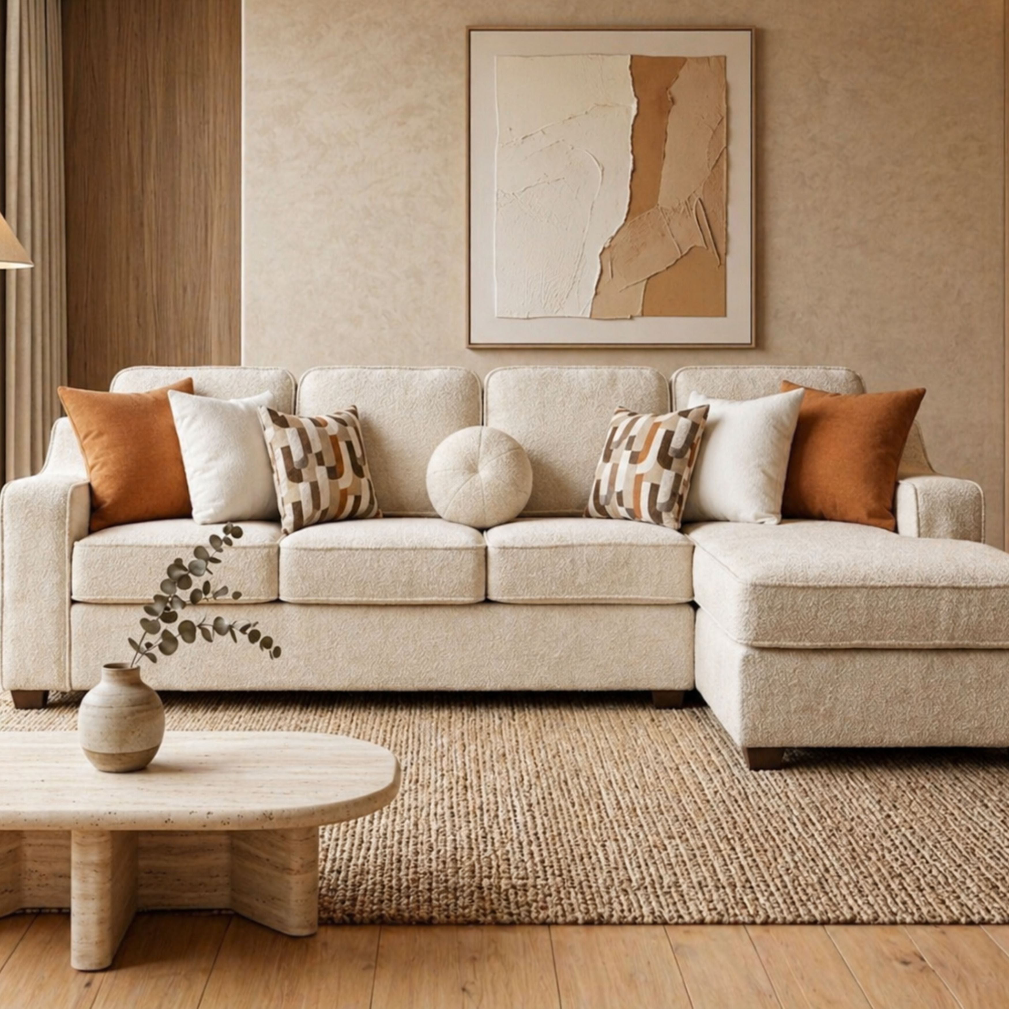 A beige Canadian-made 2-piece A.C. sectional sofa with performance fabric, featuring plush cushions and modern design.