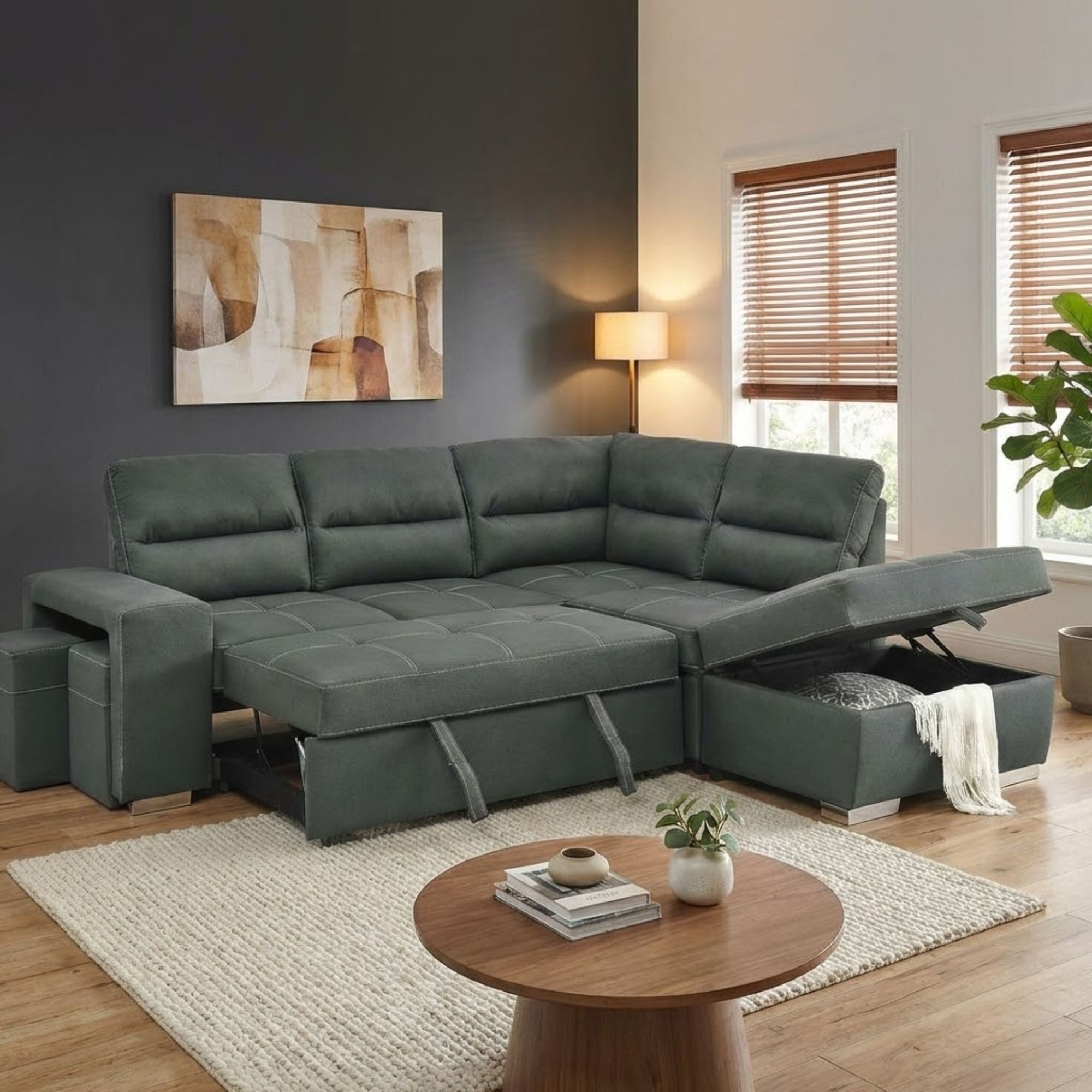 T.T.F sectional sofa pull-out section with plush cushions and modern design, ideal for living room seating.