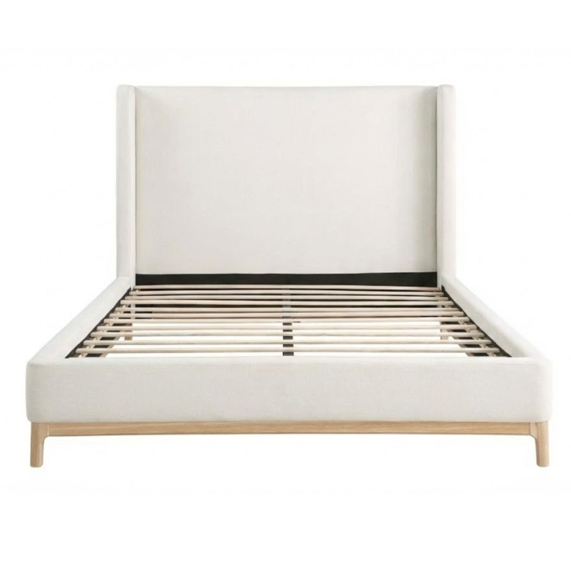 Brassex Monroe Wing upholstered bed in beige with padded headboard and elegant winged sides, stylish and comfortable bedroom furniture.