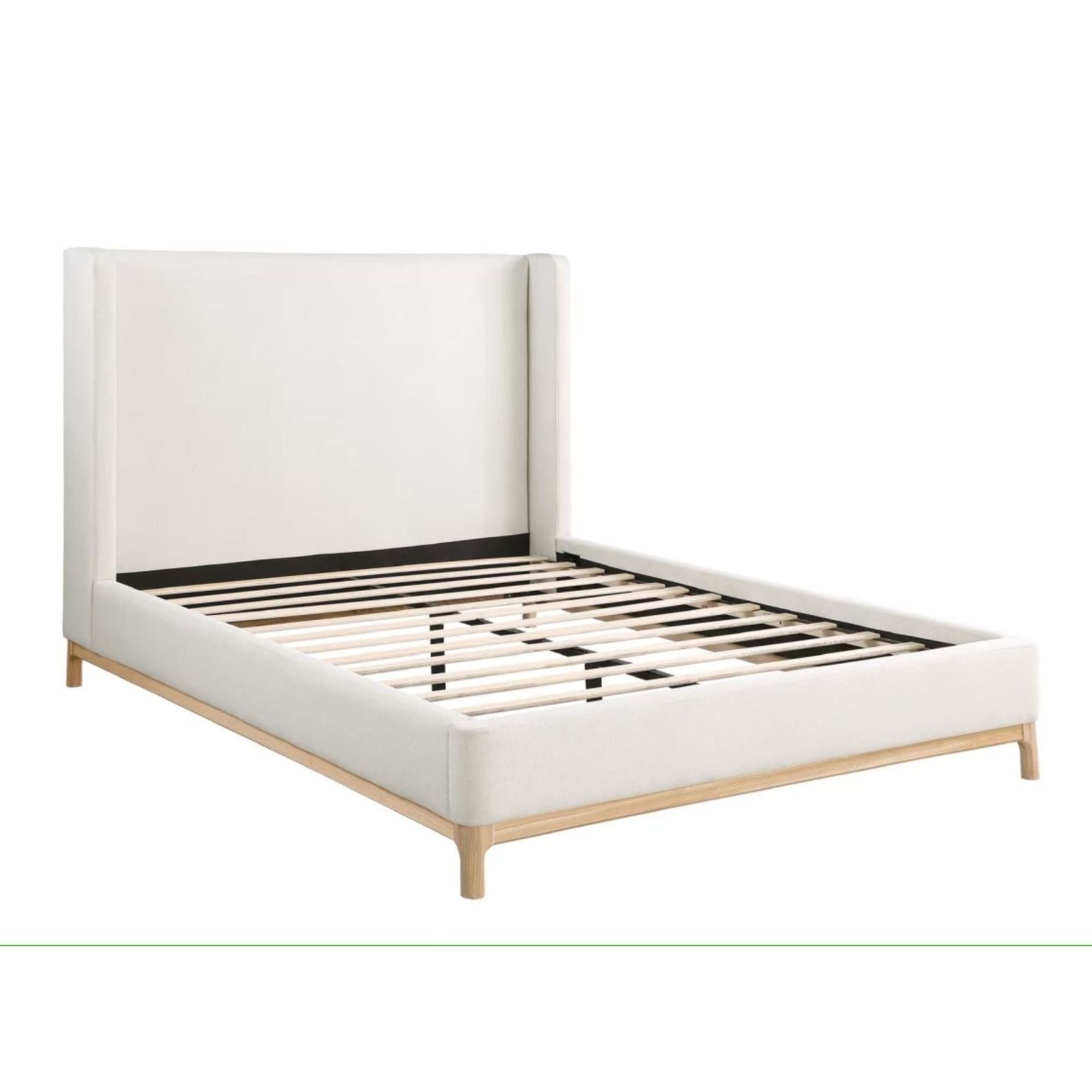 Brassex Monroe Wing upholstered bed in beige with padded headboard and elegant winged sides, modern bedroom furniture.