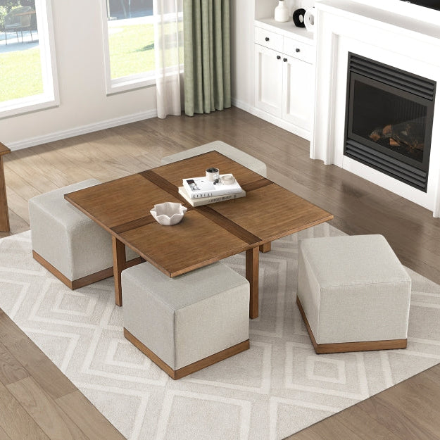 MAZ Sienna 4-piece coffee table set with hidden ottomans, featuring wooden tops and storage compartments.