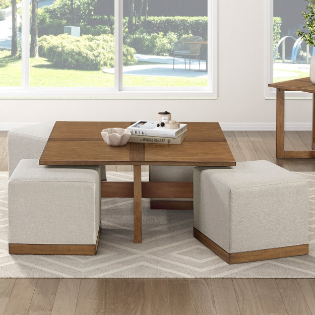 MAZ Sienna 4-piece coffee table with hidden ottomans, featuring a modern design and wooden surfaces in a stylish living room setting.