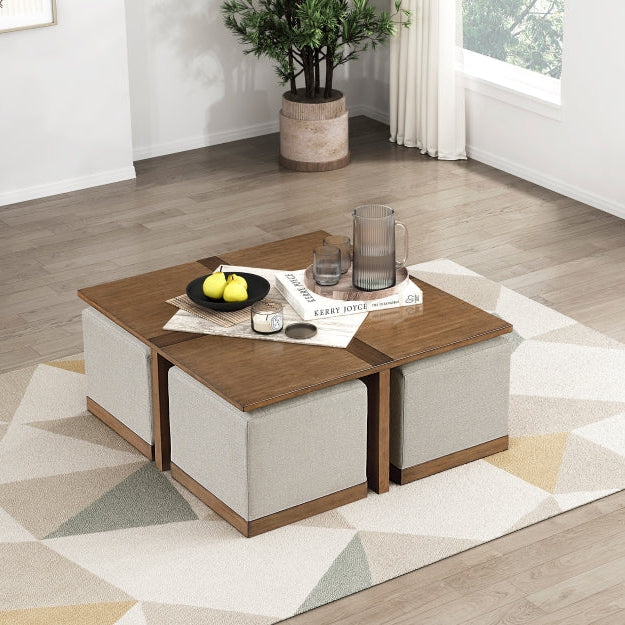 MAZ Sienna 4-Piece Coffee Table with Hidden Ottomans, modern wood design, with storage ottomans under the table.