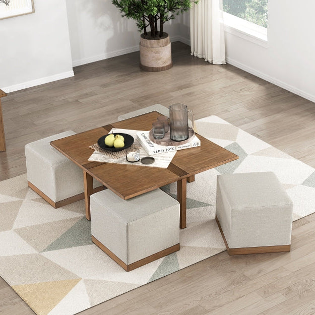 MAZ Sienna 4-piece coffee table set with hidden ottomans, featuring modern design and wooden finish, shown in living room setting