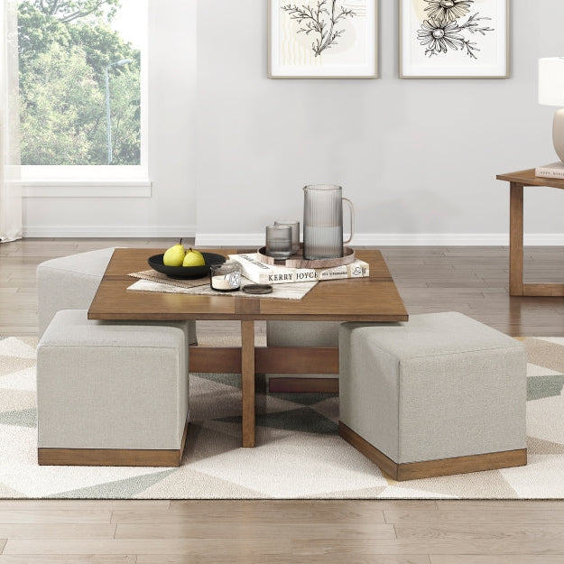 MAZ Sienna 4-piece coffee table set with hidden ottomans, featuring wooden surfaces and modern design for living room decor