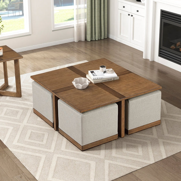 MAZ Sienna 4-piece coffee table set with hidden ottomans, featuring modern wooden design and versatile living room furniture.